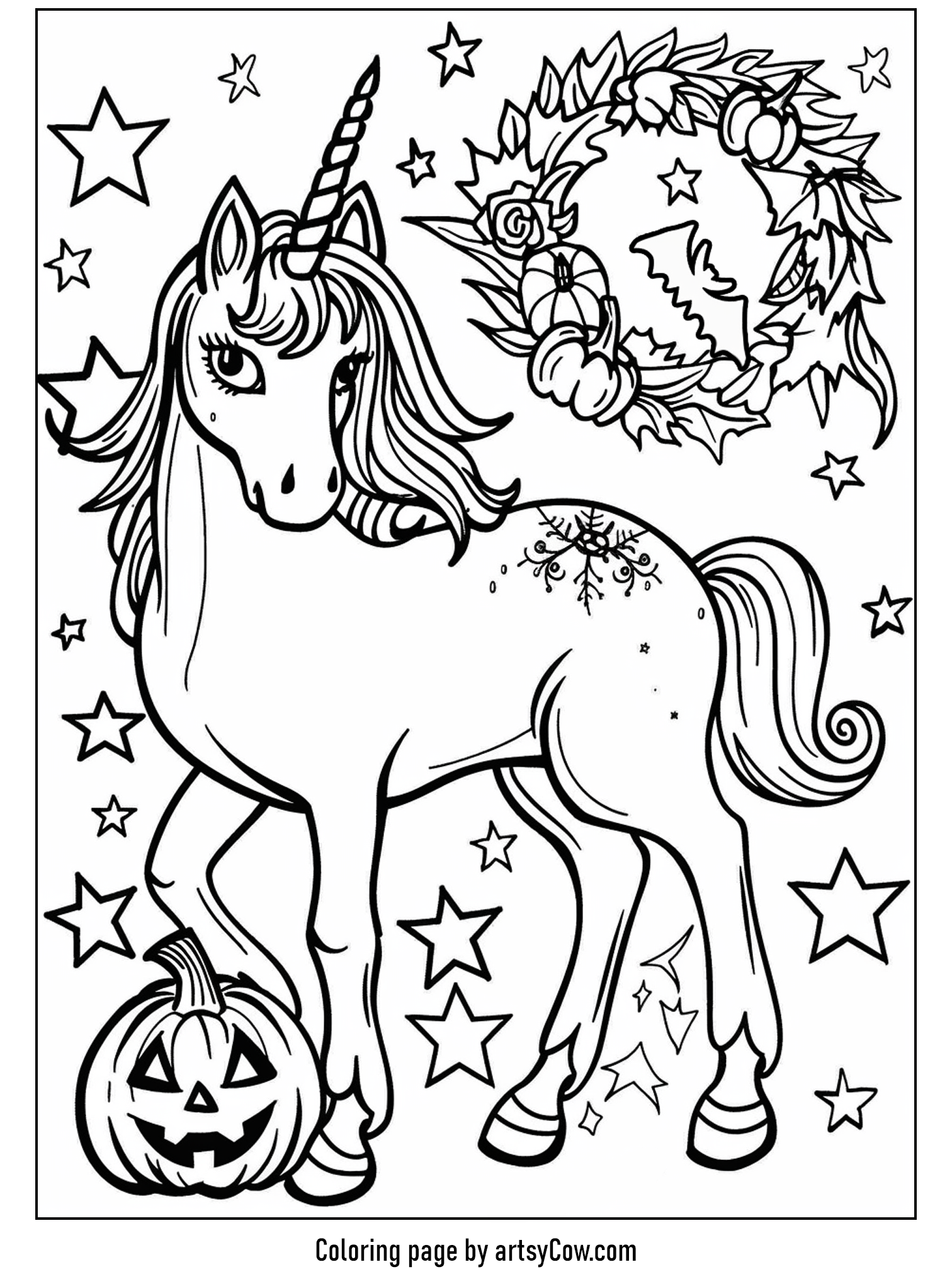 halloween coloring pages with unicorn, featuring a charming unicorn and a Halloween-themed wreath decorated with leaves and pumpkins.